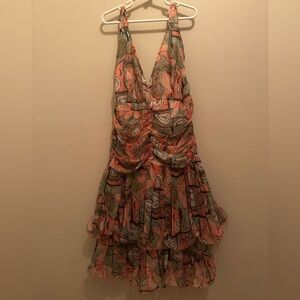 Vintage French cocktail dress, pink with delicate blue and green patterning